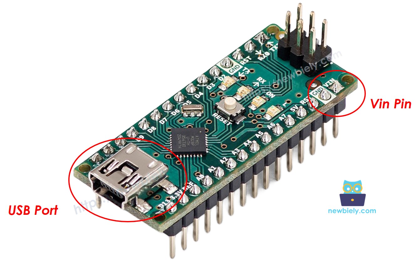 Deux façons d'alimenter l'Arduino Nano